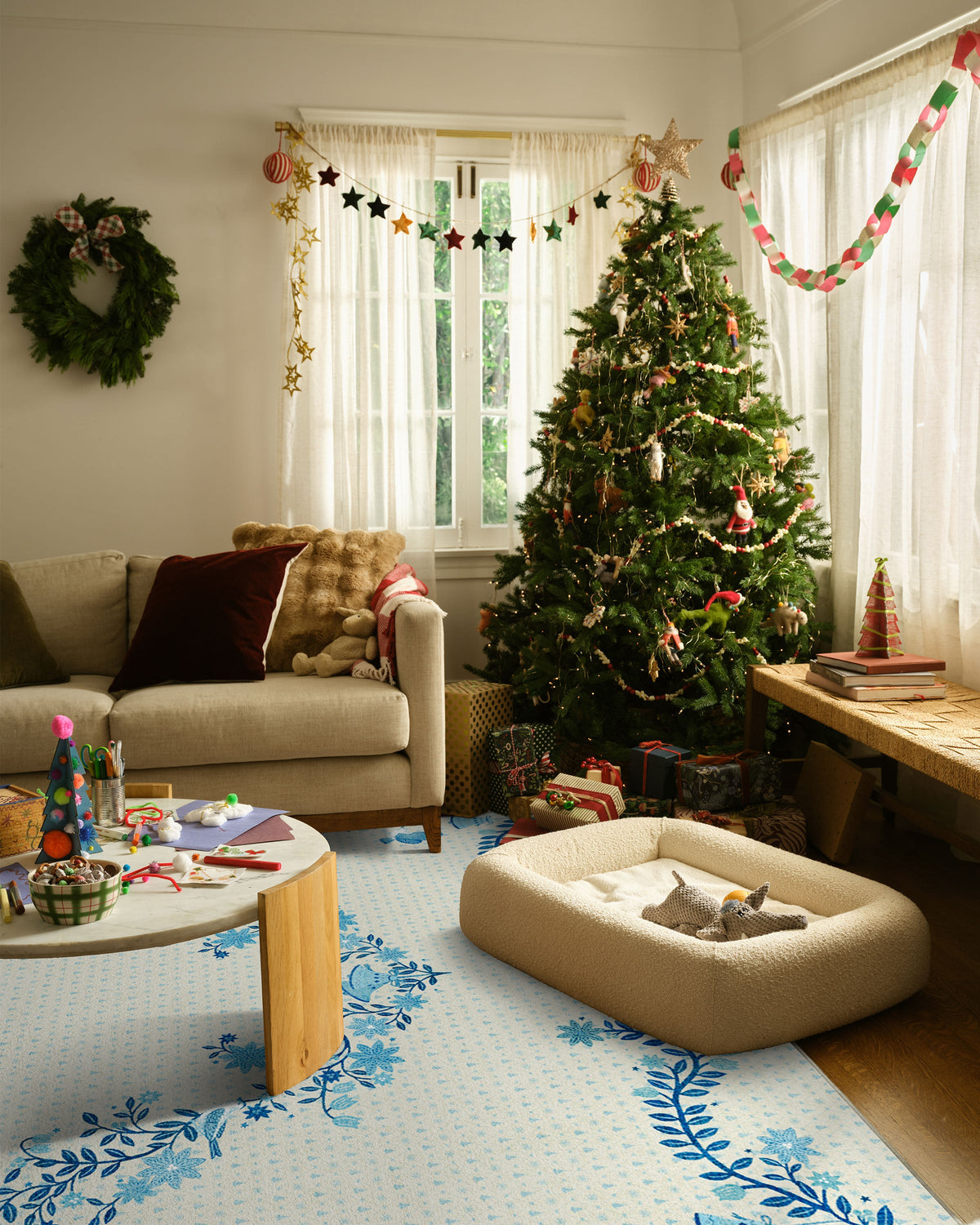 Festive Yuletide Ivory & Blue Flatwoven Rug by The Hiltons